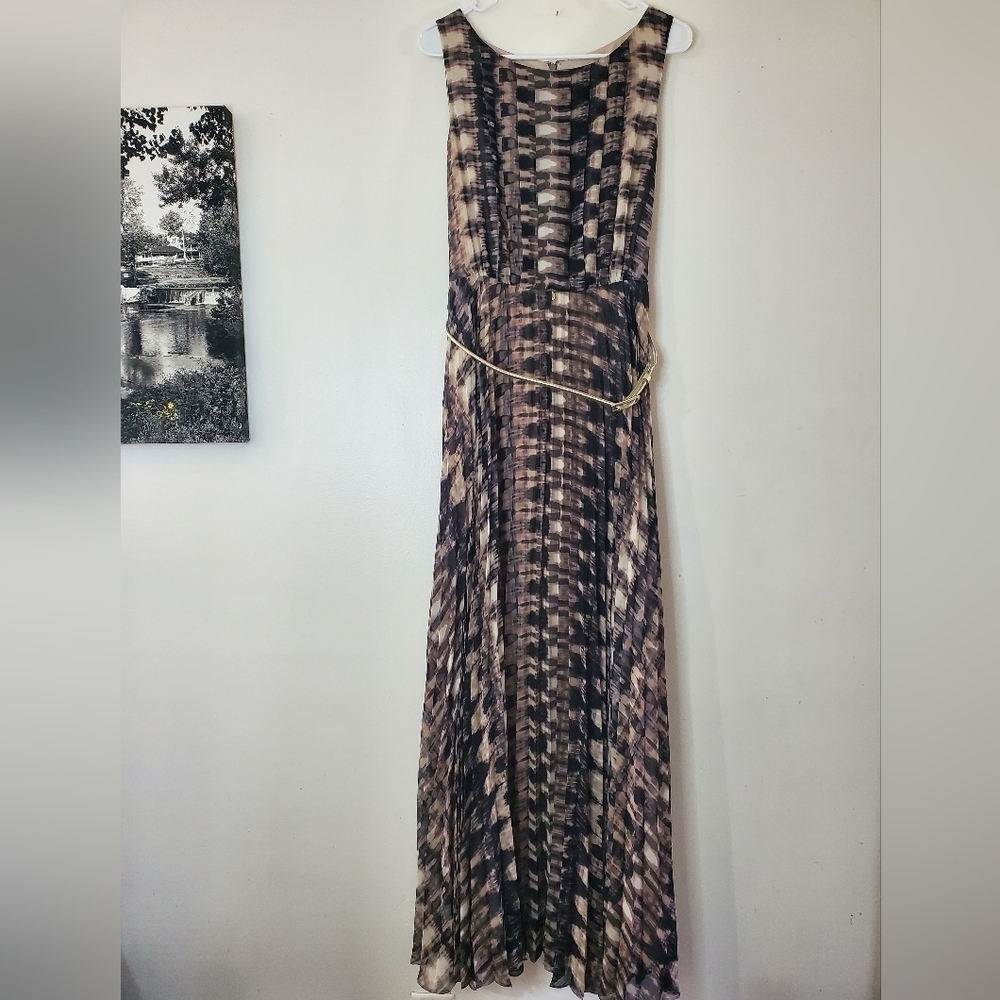 Eliza J Pleated Accordian Style Belted Maxi Dress Size 12 Neutral Modest Party